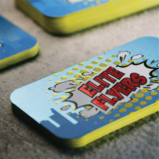 One of Elite Flyers Personal Business Cards Printed on 28pt Silk with Full Color Foil and Raised Spot UV Effect.