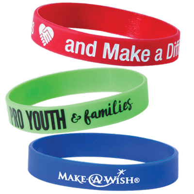 Silicone Wristbands Customized with Options Including; Emboss, Deboss, and  Screen Printing on a Color Silicone Band by Elite Flyers.