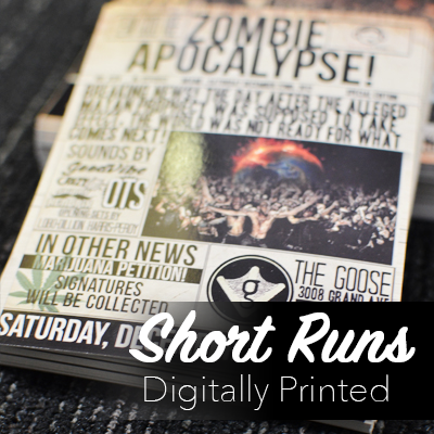Short Run 16pt Flyers Flyers Printed in Full Color in Short Run Increments of 250 and 500 with Choice of UV Glossy, UV 1 Side, or Matte Finish